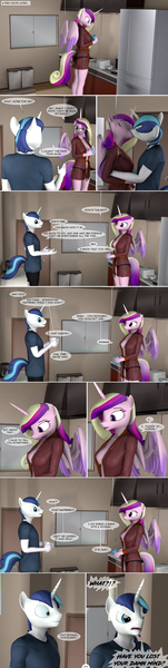 Size: 1440x5704 | Tagged: questionable, artist:spud, derpibooru import, princess cadance, shining armor, alicorn, anthro, unicorn, comic:caught, angry, breasts, clothes, comic, conversation, cup, embrace, female, happy, holding, image, jpeg, kiss on the lips, kissing, kitchen, looking at each other, looking at someone, looking down, male, nipples, nudity, see-through, shiningcadance, shipping, shocked, shocked expression, smiling, speech bubble, straight, talking, underwear, yelling