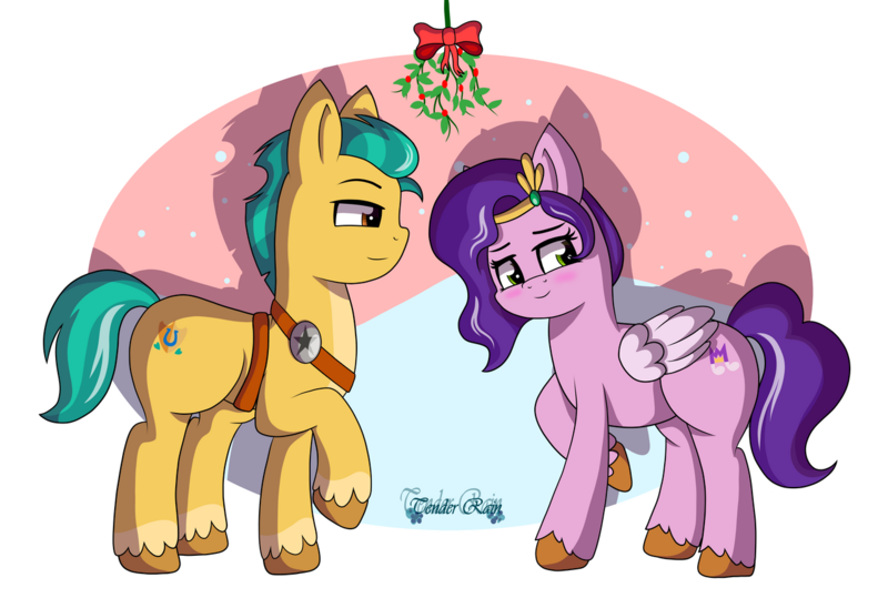 Size: 1280x862 | Tagged: safe, artist:tenderrain-art, derpibooru import, hitch trailblazer, pipp petals, earth pony, pegasus, pony, g5, duo, duo male and female, female, hitchpipp, holly, holly mistaken for mistletoe, image, male, mare, png, shipping, stallion, straight
