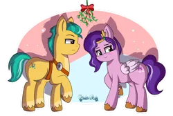 Size: 1280x862 | Tagged: safe, artist:tenderrain-art, derpibooru import, hitch trailblazer, pipp petals, earth pony, pegasus, pony, g5, duo, duo male and female, female, hitchpipp, holly, holly mistaken for mistletoe, image, male, mare, png, shipping, stallion, straight