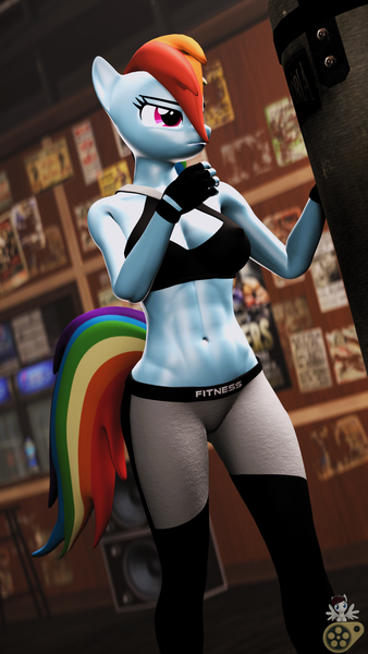 Size: 1080x1920 | Tagged: safe, artist:midnightdanny, derpibooru import, rainbow dash, anthro, 3d, abs, boxing, clothes, g4, gloves, gym, image, leggings, png, solo, source filmmaker, sports, sports bra, wingless, wingless anthro