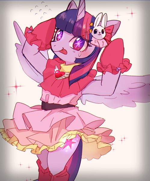 Size: 967x1163 | Tagged: safe, artist:hosikawa, derpibooru import, twilight sparkle, alicorn, pony, semi-anthro, bipedal, clothes, cosplay, costume, dress, female, g4, gloves, glowing cutie mark, idol, image, jpeg, looking at you, mare, oshi no ko, simple background, smiling, solo, sparkles, spread wings, starry eyes, tongue out, twi hoshino, white background, wingding eyes, wings