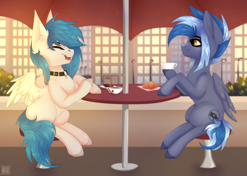 Size: 3790x2700 | Tagged: safe, artist:elektra-gertly, derpibooru import, oc, oc:cloud snow, oc:pixi feather, unofficial characters only, pegasus, pony, cafe, choker, coffee, cute, cutie mark, day, duo, duo female, female, food, image, png, sitting, summer, talking, umbrella