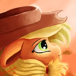 Size: 1200x1200 | Tagged: safe, artist:tazool, derpibooru import, applejack, earth pony, pony, bust, female, hat, image, looking up, mare, png, portrait, profile, smiling, solo, straw in mouth