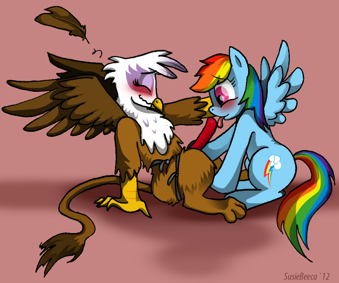 Size: 674x564 | Tagged: questionable, artist:susiebeeca, gilda, rainbow dash, gryphon, pegasus, pony, :p, blowjob, blowjob on strapon, blushing, eyes closed, feather, female, gildash, image, interspecies, jpeg, lesbian, mare, nudity, oral, penis, profile, sex, sex toy, shipping, sitting, smiling, spread wings, strapon, tongue out, wavy mouth, wingboner, wings