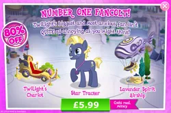 Size: 1965x1297 | Tagged: safe, derpibooru import, official, star tracker, earth pony, pony, advertisement, airship, bush, chariot, costs real money, english, freckles, gameloft, image, implied twilight sparkle, jpeg, lanyard, male, mobile game, my little pony: magic princess, numbers, sale, solo, solo focus, stallion, text, tree