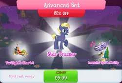 Size: 1270x860 | Tagged: safe, derpibooru import, official, star tracker, earth pony, pony, airship, bundle, bush, chariot, costs real money, english, freckles, gameloft, image, implied twilight sparkle, jpeg, lanyard, male, mobile game, my little pony: magic princess, numbers, sale, solo, solo focus, stallion, text, tree