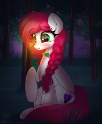 Size: 3149x3812 | Tagged: safe, artist:janelearts, derpibooru import, firefly, oc, oc:ellie berryheart, unofficial characters only, pegasus, pony, g1, blushing, bowtie, cutie mark, ear fluff, eyelashes, forest, glow, green eyes, hooves, image, impressed, long hair, long tail, nature, night, pigtails, png, sitting, solo, tail, tree, wings