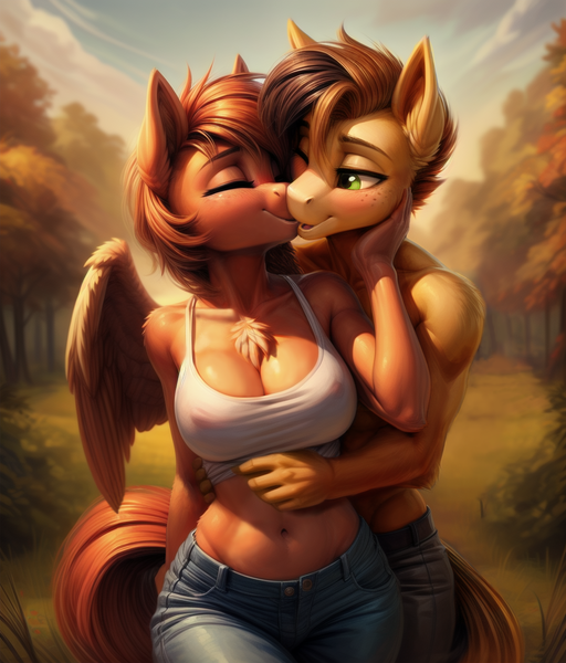 Size: 1024x1200 | Tagged: suggestive, ai content, derpibooru import, edit, editor:sa1ntmax, machine learning generated, oc, unofficial characters only, anthro, earth pony, pegasus, belly button, breasts, chest fluff, cleavage, clothes, duo, duo male and female, ear fluff, erect nipples, female, forest, generator:easyfluff v11.2, hug, hug from behind, image, kiss on the cheek, kissing, male, nature, nipple outline, partially open wings, png, smiling, tree, wings