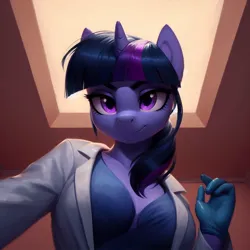 Size: 1024x1024 | Tagged: safe, ai content, derpibooru import, machine learning generated, twilight sparkle, anthro, clothes, doctor, examination, gloves, image, jpeg, lab coat, latex, latex gloves, medical gloves, smiling, solo