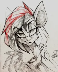 Size: 2888x3549 | Tagged: safe, artist:tlen borowski, derpibooru import, oc, pegasus, pony, black and white, bust, eyebrows, grayscale, image, monochrome, png, portrait, simple background, sketch, solo, traditional art