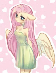 Size: 825x1075 | Tagged: safe, artist:sirfiyanyamur, derpibooru import, fluttershy, anthro, pegasus, pony, arm behind back, blushing, breasts, choker, cleavage, clothes, cute, dress, female, floppy ears, heart, heart background, image, jpeg, mare, pink background, shoulderless, shyabetes, simple background, solo