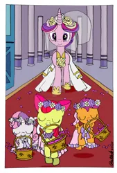 Size: 1280x1888 | Tagged: safe, artist:bel-star, derpibooru import, apple bloom, princess cadance, scootaloo, sweetie belle, alicorn, earth pony, pegasus, pony, unicorn, a canterlot wedding, basket, bride, carpet, clothes, cutie mark crusaders, dress, female, filly, flower, flower filly, flower girl, flower girl dress, foal, image, jpeg, jumping, mare, marriage, red carpet, smiling, wedding, wedding dress, wedding veil