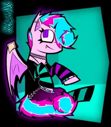 Size: 1490x1700 | Tagged: safe, artist:xxv4mp_g4z3rxx, derpibooru import, oc, oc:sweetie swirl, unofficial characters only, bat pony, pony, 2023, bat pony oc, bat wings, belt, black shirt, border, bracelet, choker, clothes, commission, ear fluff, ear piercing, eyeliner, eyeshadow, fangs, femboy, folded wings, hair over one eye, image, jewelry, kandi bracelet, long sleeves, looking up, makeup, male, necklace, piercing, pink coat, png, purple eyes, red eyeshadow, shirt, signature, simple background, sitting, skirt, slit pupils, smiling, smirk, socks, solo, striped socks, t-shirt, tail, teal background, two toned mane, two toned tail, wings