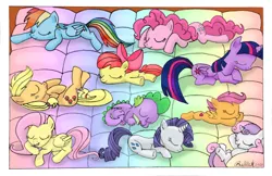 Size: 1280x831 | Tagged: safe, artist:bel-star, derpibooru import, apple bloom, applejack, fluttershy, pinkie pie, rainbow dash, rarity, scootaloo, spike, sweetie belle, twilight sparkle, twilight sparkle (alicorn), alicorn, dragon, earth pony, pegasus, pony, unicorn, bed, cute, cutie mark crusaders, daaaaaaaaaaaw, female, filly, foal, image, jpeg, male, mane six, mare, pillow bed, sleeping, sleeping together, smiling