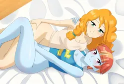 Size: 1000x675 | Tagged: suggestive, artist:riouku, derpibooru import, pear butter, windy whistles, human, equestria girls, ankles, bed, bedroom eyes, blushing, breasts, busty pear butter, busty windy whistles, commission, duo, duo female, eyebrows, eyebrows visible through hair, female, hand on hip, image, indoors, jpeg, legs, looking at you, looking up, looking up at you, lying down, milf, no pants, on back, on bed, sheet, side, sleeveless, smiling, smiling at you, what the hell?