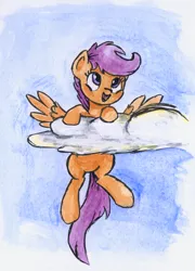 Size: 2688x3732 | Tagged: safe, artist:chevaleto, derpibooru import, scootaloo, pegasus, pony, cloud, derpibooru exclusive, female, filly, flying, foal, high res, image, looking up, open mouth, png, solo, spread wings, traditional art, watercolor painting, wings