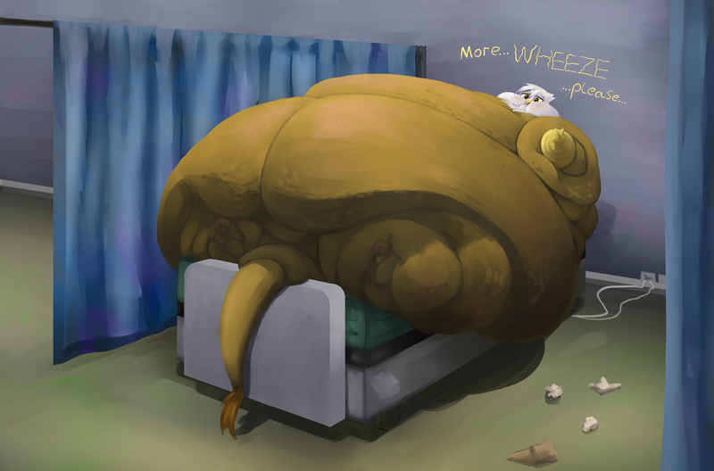 Size: 3500x2311 | Tagged: questionable, artist:lupin quill, derpibooru import, gilda, gryphon, bed, bedbound, belly, big belly, bingo wings, blob, butt, cankles, cellulite, chubby cheeks, dialogue, fat, fat fetish, fat tail, female, fetish, flabby chest, fupa, gildough, hospital, hospital bed, huge belly, huge butt, image, immobile, impossibly large belly, impossibly large butt, large butt, lineless, looking at you, lying down, morbidly obese, multichin, obese, on back, open mouth, panting, paws, png, rolls of fat, solo, solo female, stretchmarks, tail, talking to viewer, wheeze