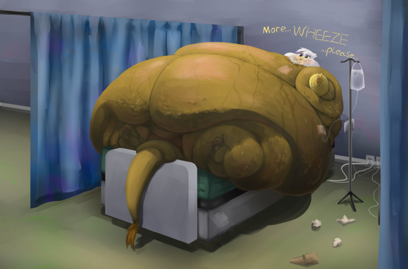Size: 3500x2311 | Tagged: questionable, semi-grimdark, alternate version, artist:lupin quill, derpibooru import, gilda, gryphon, bed, bedbound, belly, big belly, bingo wings, blob, butt, cankles, cellulite, chubby cheeks, dialogue, fat, fat fetish, fat tail, female, fetish, flabby chest, fupa, gildough, heart monitor, hospital, hospital bed, huge belly, huge butt, image, immobile, impossibly large belly, impossibly large butt, iv drip, large butt, life support, lineless, looking at you, lying down, messy eating, morbidly obese, multichin, obese, on back, open mouth, panting, paws, png, rolls of fat, slob, solo, solo female, stretchmarks, sweat, sweatdrop, tail, talking to viewer, wheeze