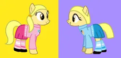 Size: 787x379 | Tagged: safe, artist:fantasygirls56, derpibooru import, first base, oc, oc:charlotte borgquist, oc:violet rossiter, ponified, earth pony, pegasus, pony, aura (g4), best friends, clothes, dress, duo, duo female, female, friends, g4, image, kids, mare, pegasus first base, png, ponytails, purple background, race swap, shoes, simple background, skirt, socks, striped socks, sweater, yellow background