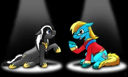 Size: 4800x2880 | Tagged: safe, artist:dragonwolfrooke, derpibooru import, oc, oc:4everfreebrony, unofficial characters only, earth pony, pony, 4everfreebrony, clothes, cosplay, costume, duo, female, floppy ears, gritted teeth, high res, hoof shoes, image, lying down, male, mare, peytral, png, sad, side, singing, sitting, spotlight, stallion, teeth, unshorn fetlocks