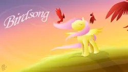 Size: 2400x1350 | Tagged: safe, artist:dragonwolfrooke, derpibooru import, fluttershy, bird, cardinal, pegasus, pony, 4everfreebrony, eyes closed, female, hill, image, lineless, mare, png, solo, song cover, spread wings, sunset, wind, windswept mane, wings