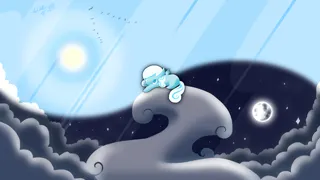 Size: 4000x2250 | Tagged: safe, artist:dragonwolfrooke, derpibooru import, oc, oc:snowdrop, pegasus, pony, 4everfreebrony, cloud, female, filly, foal, high res, image, looking up, lying down, moon, on a cloud, png, prone, sky, solo, sun, yin-yang