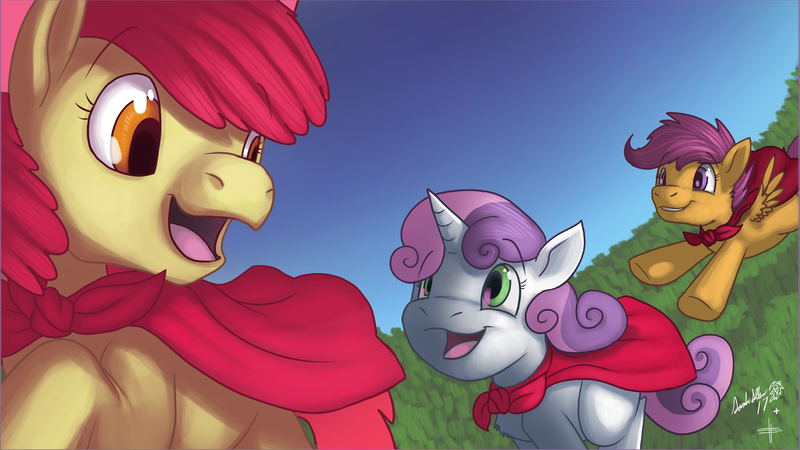 Size: 4015x2256 | Tagged: safe, artist:dragonwolfrooke, derpibooru import, apple bloom, scootaloo, sweetie belle, earth pony, pegasus, pony, unicorn, 4everfreebrony, cape, clothes, cmc cape, cutie mark crusaders, female, filly, grin, high res, image, open mouth, png, running, smiling, three's a team, trio