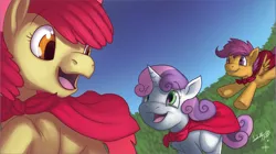 Size: 4015x2256 | Tagged: safe, artist:dragonwolfrooke, derpibooru import, apple bloom, scootaloo, sweetie belle, earth pony, pegasus, pony, unicorn, 4everfreebrony, cape, clothes, cmc cape, cutie mark crusaders, female, filly, grin, high res, image, open mouth, png, running, smiling, three's a team, trio