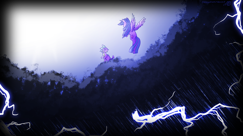 Size: 4000x2250 | Tagged: safe, artist:dragonwolfrooke, derpibooru import, spike, twilight sparkle, twilight sparkle (alicorn), alicorn, dragon, pony, 4everfreebrony, female, flying, high res, image, lightning, looking at each other, looking at someone, mare, png, scenery, sky, stormcloud