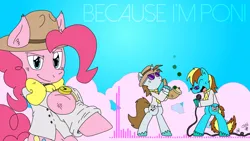 Size: 1920x1080 | Tagged: safe, artist:fritzybeat, derpibooru import, pinkie pie, oc, oc:4everfreebrony, earth pony, pony, unicorn, 4everfreebrony, bipedal, bowtie, clothes, hat, image, looking at you, microphone, musical instrument, necktie, pharrell williams, png, saxophone, shirt, smiling, smirk, song cover, watch