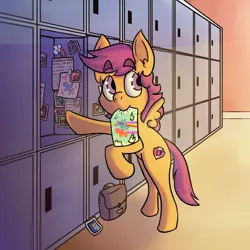 Size: 1400x1400 | Tagged: safe, artist:mentotoothpicks, derpibooru import, rainbow dash, scootaloo, pegasus, pony, 4everfreebrony, female, filly, image, leaning, lockers, looking sideways, mouth hold, png, scootalove, solo