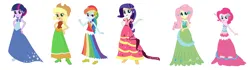 Size: 12120x3400 | Tagged: safe, artist:brightstar40k, derpibooru import, applejack, fluttershy, pinkie pie, rainbow dash, rarity, twilight sparkle, human, equestria girls, clothes, dress, equestria girls-ified, gala dress, image, long dress, mane six, png, simple background, white background