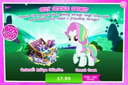 Size: 1962x1301 | Tagged: safe, derpibooru import, official, coconut cream, earth pony, pony, advertisement, bush, english, female, filly, foal, gameloft, image, jpeg, mare, mobile game, my little pony: magic princess, numbers, sale, solo, solo focus, text