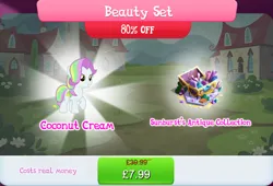 Size: 1266x861 | Tagged: safe, derpibooru import, official, coconut cream, earth pony, pony, bundle, bush, english, female, filly, foal, gameloft, image, jpeg, mare, mobile game, my little pony: magic princess, numbers, sale, solo, solo focus, text