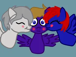 Size: 1000x751 | Tagged: safe, artist:hurricanehunter03, derpibooru import, oc, oc:ion sparkplug, oc:shrapnel, oc:wing front, unofficial characters only, pegasus, pony, bisexual, blushing, boyfriend, bust, cute, derpibooru exclusive, female, husband and wife, image, kiss on the cheek, kiss sandwich, kissing, male, married couple, pegasus oc, png, polyamory, simple background, spread wings, wide eyes, wingboner, wings