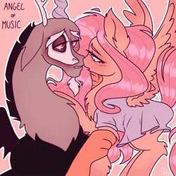 Size: 1600x1600 | Tagged: safe, artist:thecannibal, derpibooru import, discord, fluttershy, pegasus, alternate universe, antlers, blushing, clothes, costume, discoshy, female, horn, image, imminent kissing, jpeg, looking at each other, looking at someone, male, mask, outline, phantom of the opera, shipping, spread wings, straight, text, white outline, wings