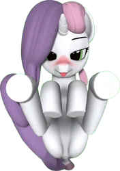 Size: 798x1134 | Tagged: artist needed, source needed, suggestive, artist:anonymous, derpibooru import, sweetie belle, pony, unicorn, :p, blushing, featureless crotch, female, filly, foal, foalcon, green eyes, horn, image, legs in air, looking at you, lying down, on back, pink mane, png, purple mane, second life, simple background, solo, tongue out, transparent background, two toned mane, underage, white coat