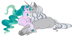 Size: 2200x1135 | Tagged: safe, artist:lesghostie, derpibooru import, mistmane, star swirl the bearded, pony, unicorn, duo, eyes closed, female, image, lying down, male, mare, missing cutie mark, mistswirl, nuzzling, png, prone, shipping, simple background, stallion, straight, transparent background, unshorn fetlocks