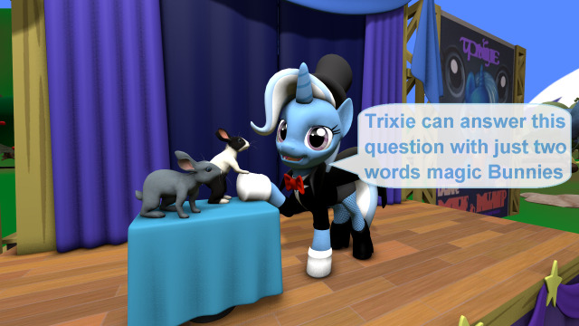 Size: 640x360 | Tagged: safe, artist:ask-the-luna-knight, derpibooru import, trixie, pony, rabbit, unicorn, 3d, animal, dialogue, female, image, jpeg, mare, source filmmaker, speech bubble, talking to viewer, text