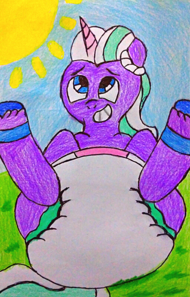 Size: 2052x3205 | Tagged: safe, artist:bitter sweetness, derpibooru import, edit, g5, my little pony: a new generation, my little pony: make your mark, my little pony: tell your tale, spoiler:g5, abdl, adult foal, blue sky, diaper, diaper edit, diaper fetish, fetish, grass, image, looking at you, looking between legs, non-baby in diaper, opaline arcana, png, poofy diaper, smiling, traditional art