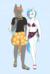 Size: 1365x2048 | Tagged: safe, artist:mscolorsplash, derpibooru import, oc, unofficial characters only, anthro, earth pony, plantigrade anthro, pony, unicorn, belly button, bikini, blue background, breasts, cleavage, clothes, commission, duo, duo male and female, female, height difference, holding hands, image, male, mare, oc x oc, png, sarong, shipping, simple background, stallion, straight, swimming trunks, swimsuit