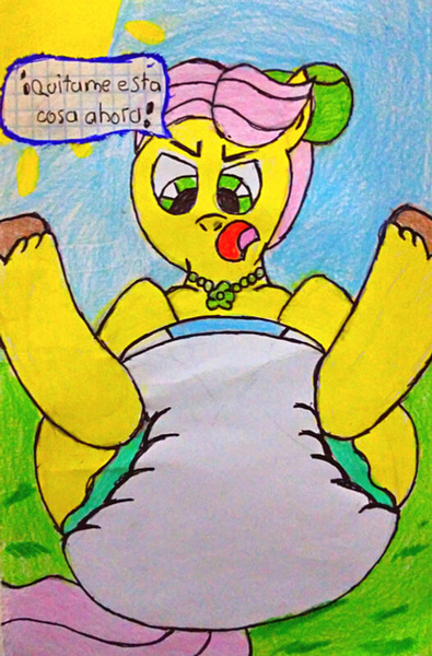 Size: 2168x3292 | Tagged: suggestive, artist:bitter sweetness, derpibooru import, edit, posey (g5), earth pony, pony, g5, my little pony: a new generation, my little pony: make your mark, my little pony: tell your tale, spoiler:g5, abdl, adult foal, blue sky, diaper, diaper edit, diaper fetish, female, fetish, grass, image, looking at you, looking between legs, mare, non-baby in diaper, open mouth, png, poofy diaper, spanish, spanish text, traditional art, translated in the description