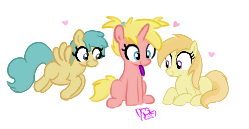 Size: 249x129 | Tagged: safe, artist:somethingatall, artist:truthormare, artist:violavaquita, ponerpics import, noi, rainy feather, oc, oc:dared step, earth pony, pegasus, pony, unicorn, aggie.io, drawing, female, filly, heart, image, lowres, mouth hold, png, simple background, transparent background, younger