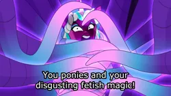 Size: 1440x810 | Tagged: suggestive, edit, edited screencap, ponerpics import, ponybooru import, screencap, alicorn, g5, my little pony: tell your tale, spoiler:g5, spoiler:my little pony: tell your tale, spoiler:tyts01e67, bondage, caption, defeated, i've seen enough hentai to know where this is going, image, implied fetish, looking at you, opaline arcana, png, roots, tentacle bondage, tentacle porn, tentacles, text edit, the rise and fall