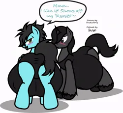 Size: 778x716 | Tagged: suggestive, artist:bronzethepony, artist:rusticpony, derpibooru import, oc, oc:charcoal, oc:risky gears, unofficial characters only, pegasus, unicorn, blushing, clothes, image, jpeg, male, male pregnancy, pregnant, swimsuit
