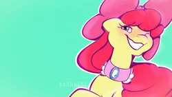 Size: 3840x2160 | Tagged: safe, artist:barnnest, derpibooru import, apple bloom, scootaloo, sweetie belle, earth pony, pony, blushing, bust, collar, colored, cutie mark crusaders, eyelashes, flat colors, image, jewelry, jpeg, long mane, medallion, necklace, orange eyes, red mane, ribbon, simple background, smiling, solo, yellow coat