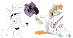 Size: 3500x1817 | Tagged: semi-grimdark, artist:rubyrelax, derpibooru import, oc, oc:purple haze, unofficial characters only, anthro, earth pony, plantigrade anthro, unicorn, blood, bloody knife, clothes, curvy, dress, drink, grumpy, gums, hand on hip, image, jewelry, knife, looking at you, necklace, pearl necklace, png, sketch, sketch dump, straw, teeth, white clothes