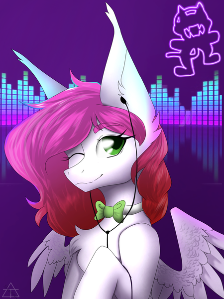 Size: 1899x2534 | Tagged: safe, artist:glotasha, derpibooru import, oc, oc:ellie berryheart, unofficial characters only, pegasus, pony, bowtie, ear fluff, equalizer, eyelashes, female, g4, green eyes, headphones, hooves, image, long ears, monstercat, music, png, purple background, satisfied, simple background, solo, wings