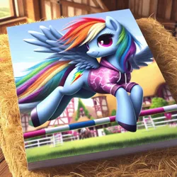 Size: 1024x1024 | Tagged: safe, ai content, machine learning generated, ponerpics import, ponybooru import, rainbow dash, pegasus, pony, bing, clothes, female, flying, hay, hoodie, image, jpeg, mare, ponyville, poster, smiling, solo, window