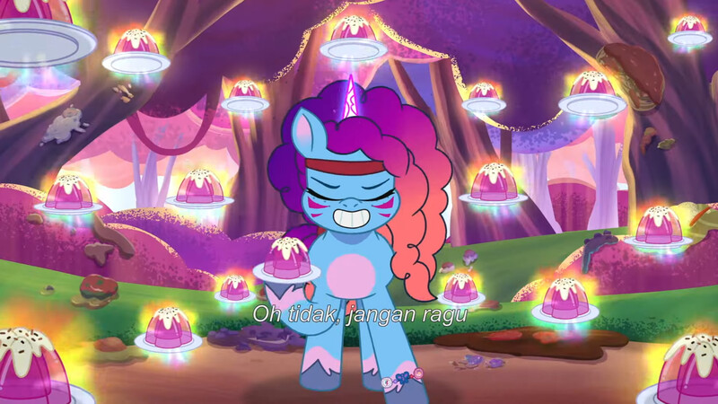 Size: 3072x1727 | Tagged: safe, derpibooru import, screencap, pony, unicorn, g5, my little pony: tell your tale, spoiler:g5, spoiler:my little pony: tell your tale, spoiler:tyts01e66, eyes closed, female, food, friday night food fight, grin, image, jpeg, magic, mare, misty brightdawn, pudding, rebirth misty, smiling, solo, telekinesis